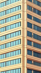 Modern beige skyscraper, city view, glass windows, sunlight, architectural detail, urban backdrop, real estate