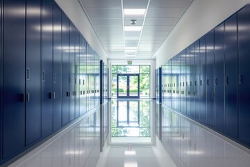 Empty school corridor with glossy reflective floor, blue lockers, and bright lighting, on a clean modern background, concept of education and interior. Ai generative