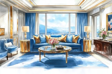Obraz premium Luxurious living room interior boasts stunning mountain view backdrop