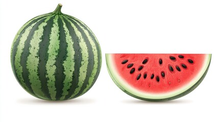Realistic illustration of a whole and sliced watermelon on white.