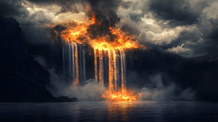 A surreal waterfall where the water is made of liquid fire, glowing against a dark sky