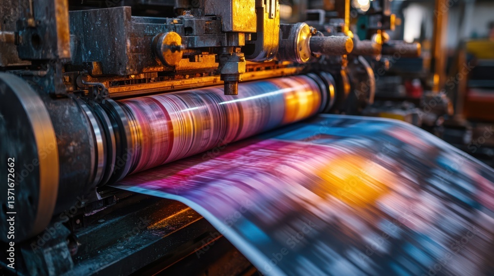 Poster a vibrant printing press in action, showcasing colorful prints being rolled out with dynamic lightin