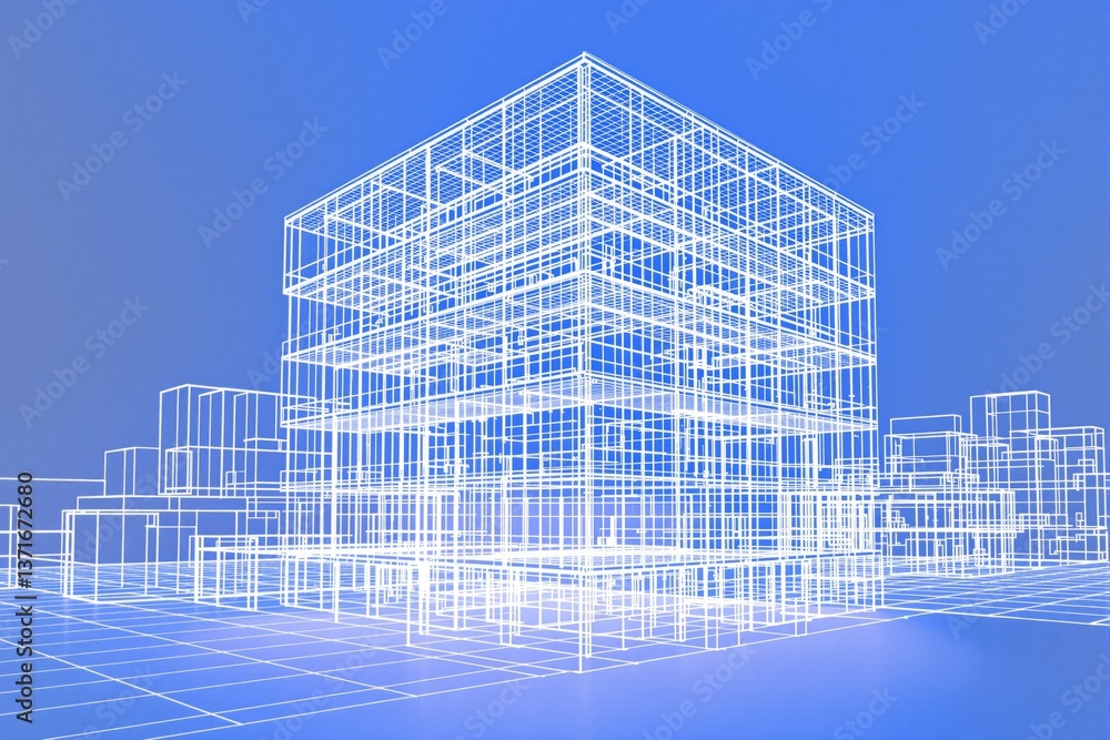 Poster digital architectural wireframe of a multi-story building structure in white lines, modern design st