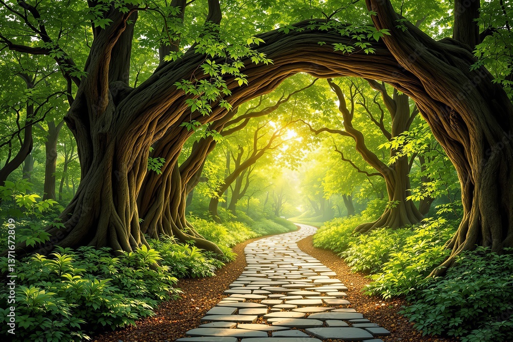 Poster twisted trees arch over a sunlit stone path in a lush green forest, with a magical and serene atmosp