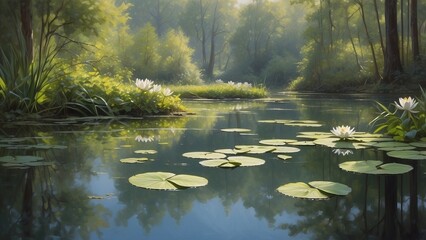 Tranquil lily pond  in the morning  with forest around it.