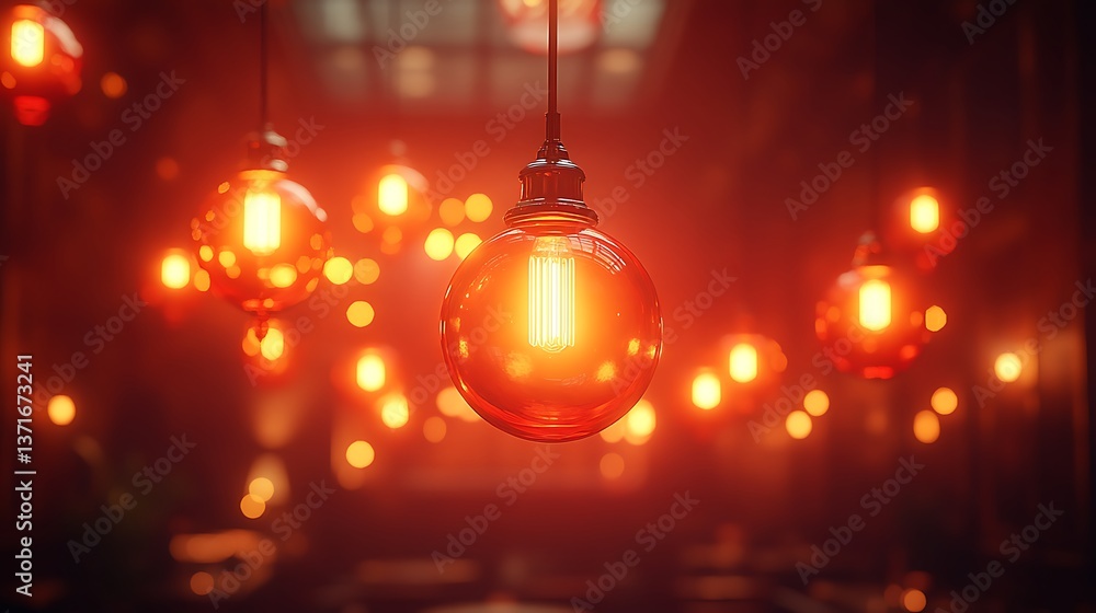 Poster illuminated: a vibrant arrangement of pendant light fixtures glowing warmly, creating a soft and inv