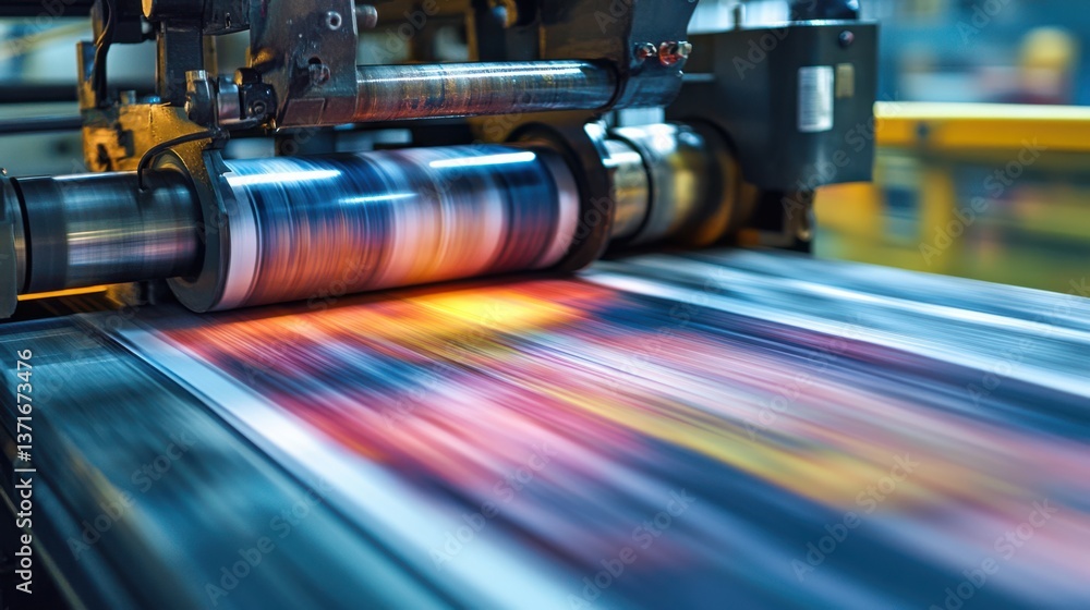 Poster a printing press in action, showcasing vibrant colors and patterns as paper moves through the machin