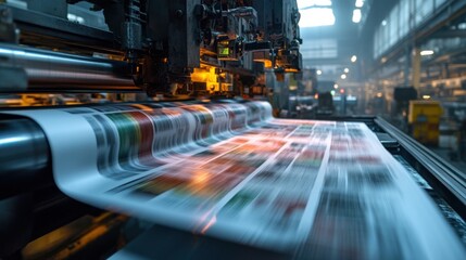 A high-speed printing press in action, producing colorful prints in a dimly lit industrial setting, showcasing modern printing technology.