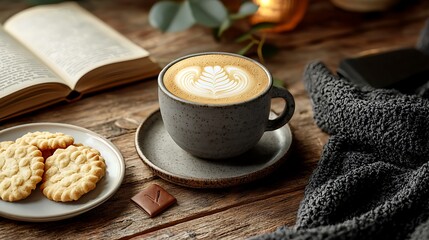 Cozy Coffee Break: Latte Art, Open Book, and Warm Blanket on Wooden Surface