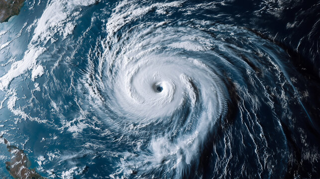 A dramatic satellite view of a massive hurricane, perfectly showcasing its Fibonacci spiral. The storm's eye is positioned at an intersection of the Rule of Thirds, creating a sense of dynamic motion 