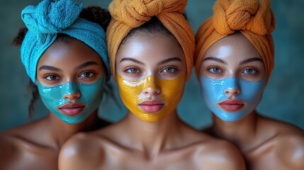 Three young women with different skin colors embrace while wearing colorful face masks and towels, promoting skincare and wellness.