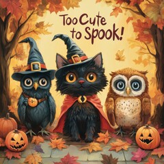 Adorable Cartoon Animals in Halloween Costumes Surrounded by Leaves