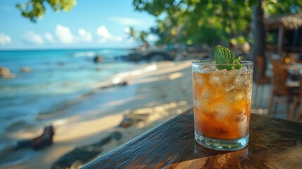 Tropical cocktail on a beach table, a taste of paradise.