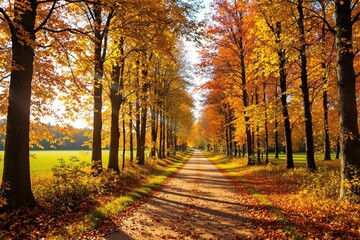 Obraz premium Tree-lined autumn road surrounded by golden and orange leaves in sunlight, natural photographic style, sunny countryside background, concept of seasonal beauty, Ai generative