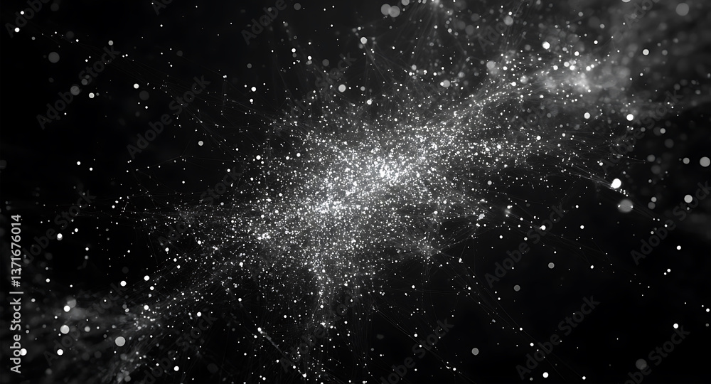 Poster an abstract depiction of a vast and mysterious galaxy, the image composed of swirling particles of l