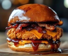 fried chicken burger that have 4 fried chicken fillets inside, with melted cheddar cheese, bacon and barbecue sauce and orange sauce