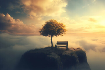 Lone bench and tree on a cliff above the clouds during golden sunset representing peace, solitude, and dreams.