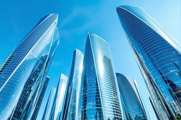 Futuristic glass skyscrapers with curved shapes and reflective surfaces, modern architecture style, against clear blue sky background, concept of innovation. Ai generative