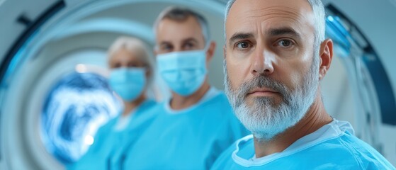 A medical team in protective gear stands inside a scanning machine, emphasizing professionalism and healthcare technology.