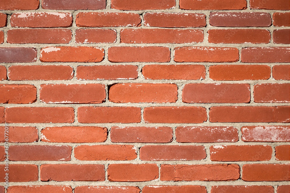 Poster old red brick wall with aged texture on a cement background, showing horizontal layout and rough sur