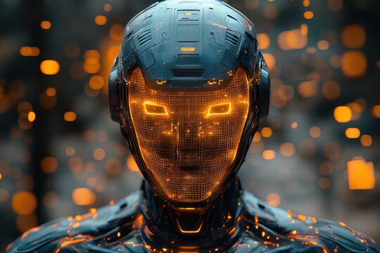 Futuristic Holographic Robot with Translucent Body and Floating UI Elements