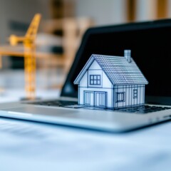 A miniature house model sits on a laptop keyboard, symbolizing the intersection of technology and construction planning in modern architecture.