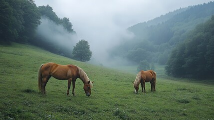 Naklejka premium Two brown horses peacefully graze on a lush green hillside, relishing nature's tranquility in a serene pastoral scene.