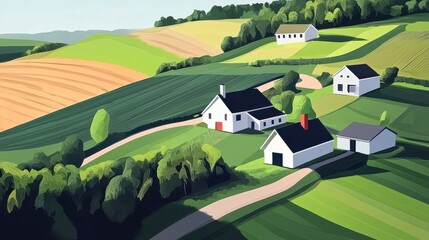 Bright Summer Day in the Countryside Rolling Green Hills and White Farmhouses