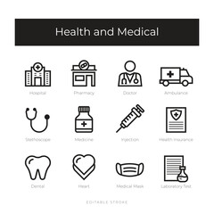 Health and medical line icon sets editable stroke simple bundle