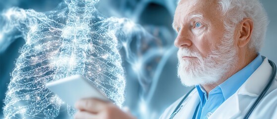 A doctor examines a digital tablet displaying a glowing skeletal structure, showcasing advancements in medical technology and diagnostics.
