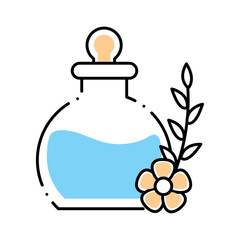 Flat Line Vector Illustration of an Aromatherapy Essential Oil Bottle with Flower and Leaf Accents Representing Natural Spa and Wellness Products