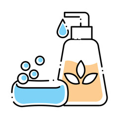 Flat Line Vector Illustration of a Natural Liquid Soap Dispenser with Bubbles and Drop Symbolizing Hand Washing and Personal Hygiene Products