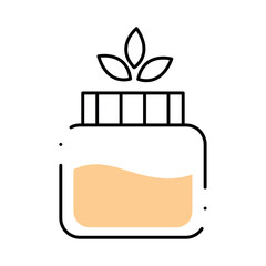 Flat Line Vector Illustration of a Natural Cosmetic Cream Jar with Leaf Symbol Representing Organic Skincare and Herbal Beauty Products