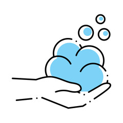Flat Line Vector Illustration of a Hand Holding Blue Soap Foam with Bubbles Representing Personal Hygiene and Cleanliness Practices
