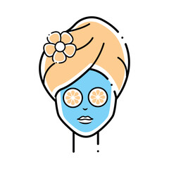 Vector image of a woman's face icon applying a mask in a spa on a white background