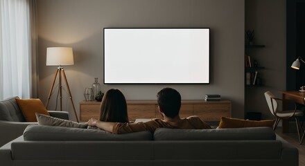 Couple relaxing on a cozy grey sofa watching a blank screen TV in a modern living room, concept for home entertainment, streaming services, and movie nights