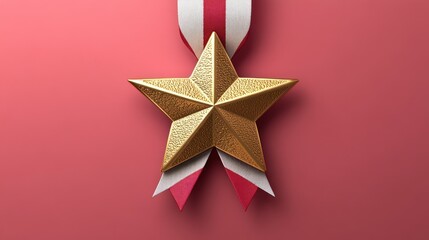Golden Star Medal with Red and White Ribbon Minimalist Vector Illustration on Pastel Pink Background
