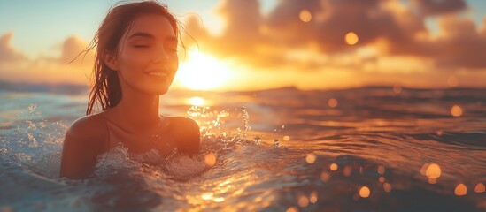 A girl bathes in a warm sea. Illustration on the theme of recreation and tourism, relaxation and the surrounding world.