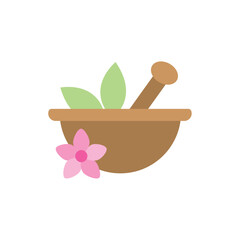 Vector Illustration of Herbal Mortar and Pestle with Green Leaves and Pink Flower – Natural Medicine and Spa Therapy Symbol on White Background