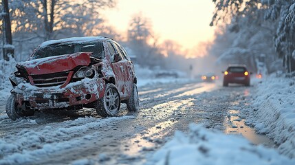 Two damaged cars on a snowy road after a dangerous winter accident emphasize risks of icy conditions.