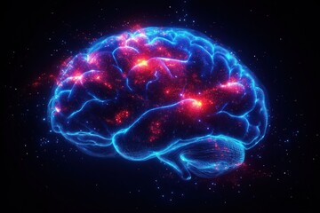 Naklejka premium X-ray Style Illustration of Human Brain with Neon Blue Outlines Midbrain Mesencephalon Anatomy