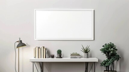 A white rectangular frame in a minimalist hallway, displayed above a table with small books, plants, and a lamp. HD 8K mockup wallpaper Photographic Image