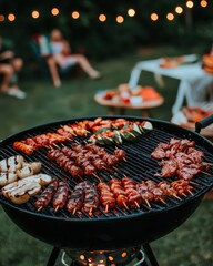 Grilled Skewers on Barbecue with Friends in Outdoor Setting