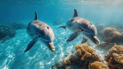 Fototapeta premium Two dolphins swim gracefully in clear blue ocean, a serene underwater scene with sunlight.