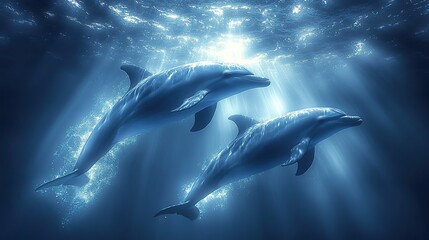 Fototapeta premium Two dolphins swim underwater in a tranquil ocean lit by sunbeams, a serene underwater scene.