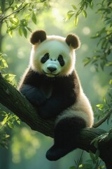 Obraz premium Giant panda sitting on a tree branch in a lush green forest