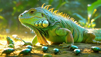 Fototapeta premium Green iguana surrounded by green insects in a sunlit forest