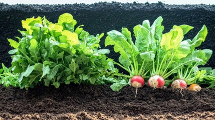 Fresh Radishes   Arugula in Garden Soil  Homegrown Vegetables  Spring Harvest  Healthy Foo