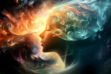 Ethereal side profile of a woman with swirling bi‑color nebula hair, teal and amber clouds merging in a cosmic dreamscape over a starry night.