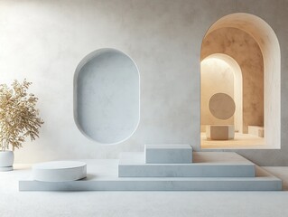 Minimalist Abstract Podium for Product Display with Soft Blue Background and Geometric Shapes